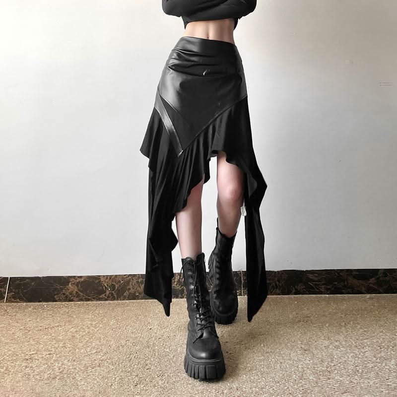 PU leather patchwork irregular midi skirt