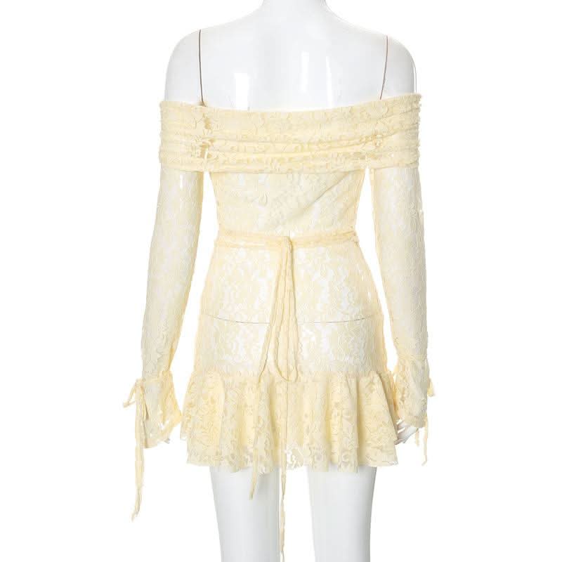 Long sleeve off shoulder lace self tie hollow out cut out mini dress