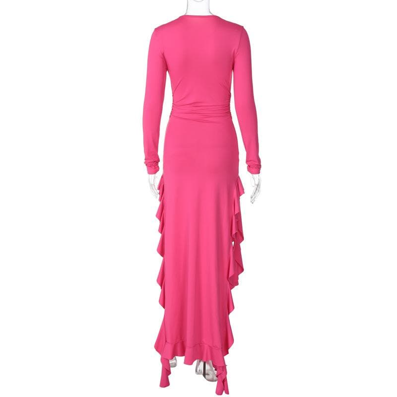 Long sleeve crewneck ruffle slit solid ruched maxi dress- Final Sale