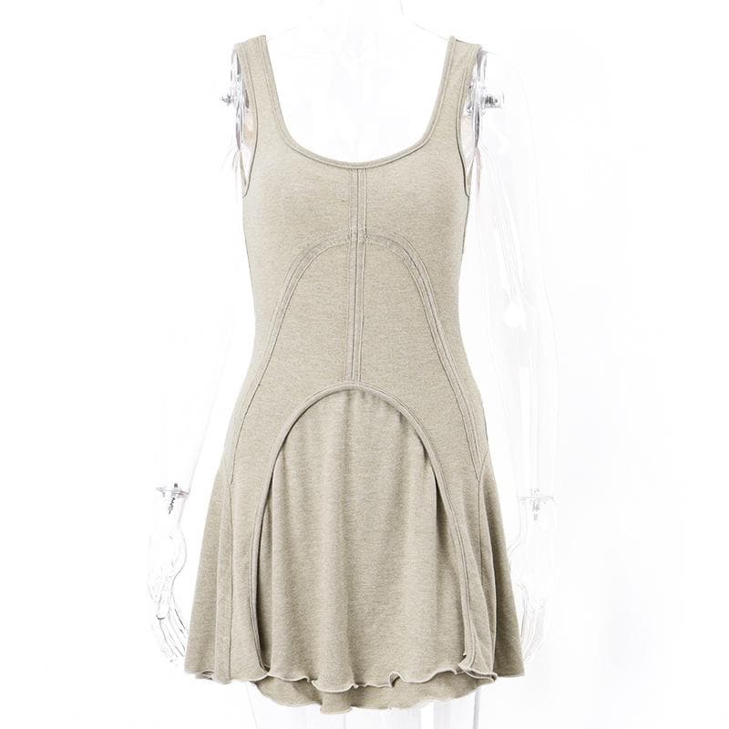 Exposed Seam Arch Panel Scoop Neck Tiered Raw Hem Mini Dress
