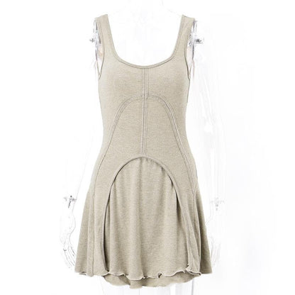 Exposed Seam Arch Panel Scoop Neck Tiered Raw Hem Mini Dress
