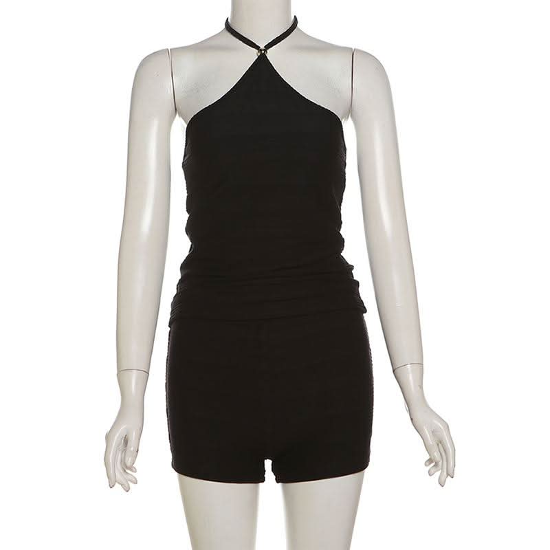 Halter backless textured solid short pant set