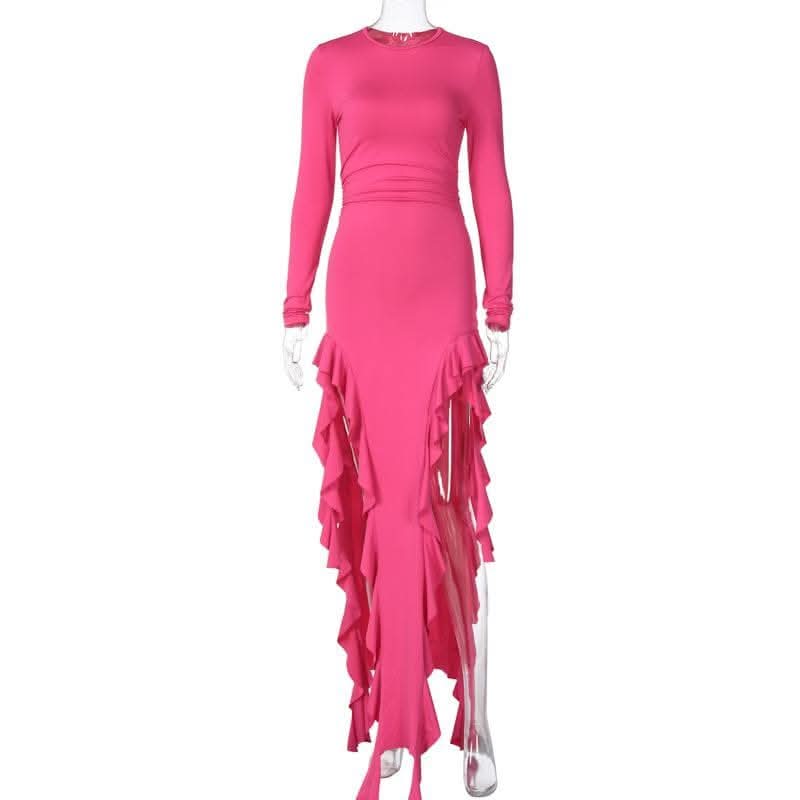 Long sleeve crewneck ruffle slit solid ruched maxi dress-final-sale