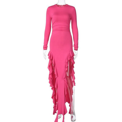 Long sleeve crewneck ruffle slit solid ruched maxi dress-final-sale