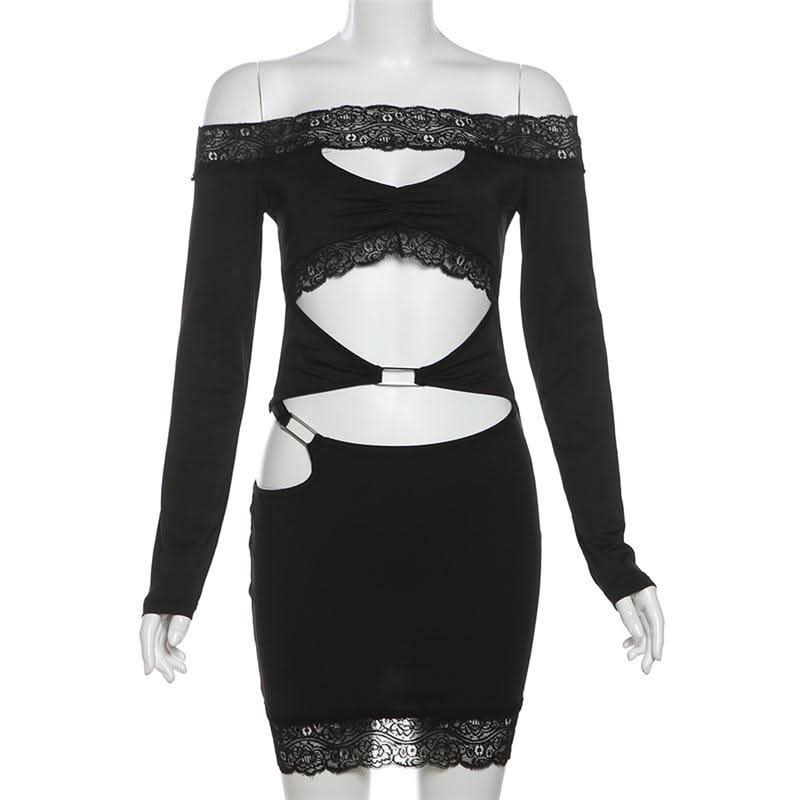 Long sleeve off shoulder lace hem hollow out cut out mini dress