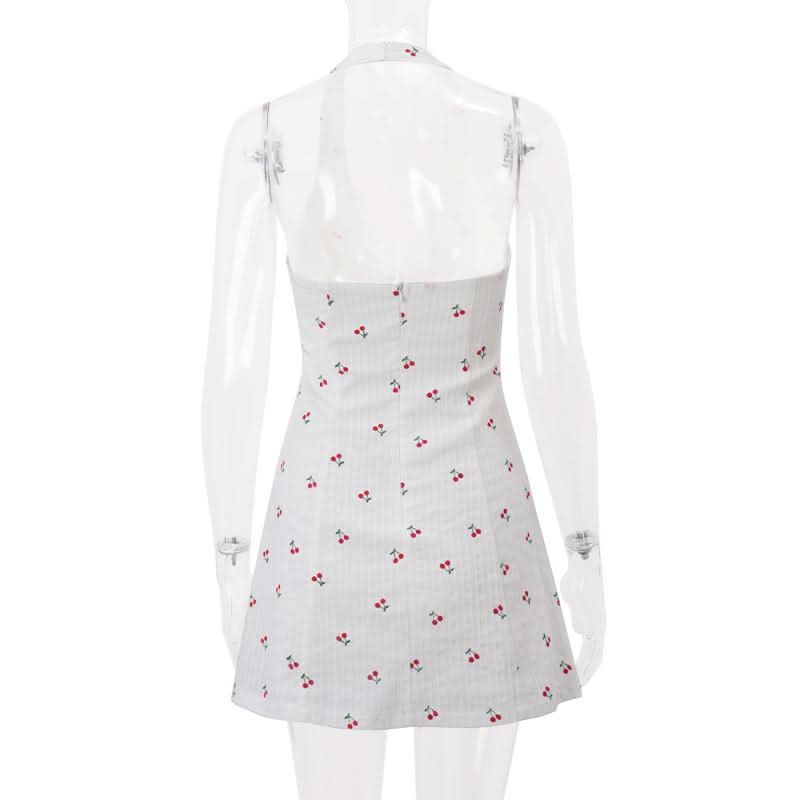 Halter v neck cherry print bowknot mini dress