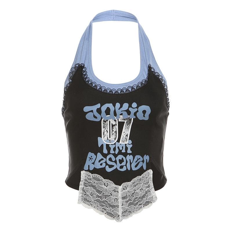 Halter lace patchwork letter pattern top