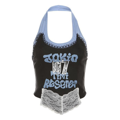 Halter lace patchwork letter pattern top