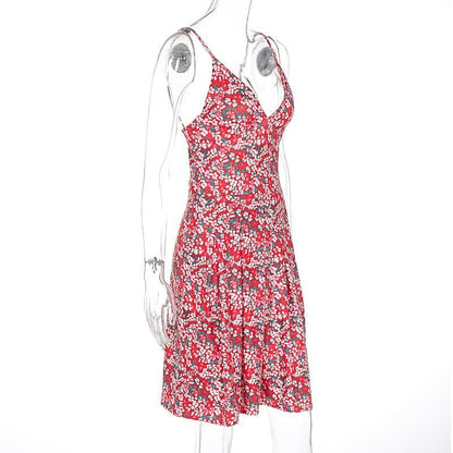 V neck flower print pleated cami mini dress