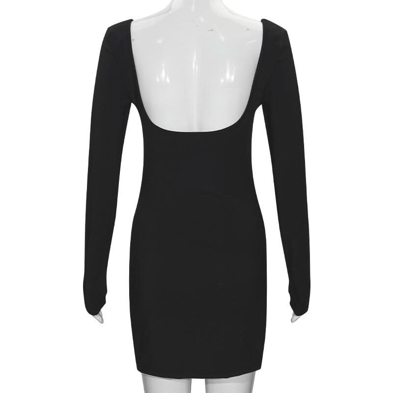 U neck long sleeve hollow out backless cut out mini dress