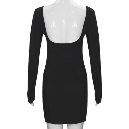 U neck long sleeve hollow out backless cut out mini dress