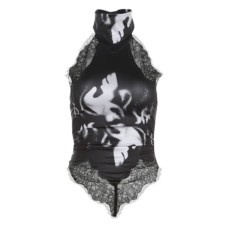 Halter button lace hem print backless top