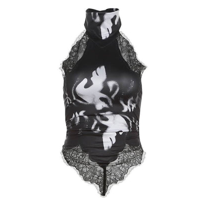 Halter button lace hem print backless top