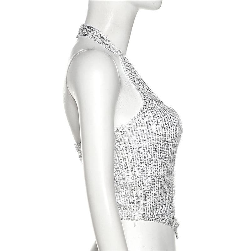 Beaded halter zip-up backless solid sleeveless crop top