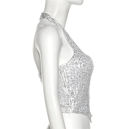 Beaded halter zip-up backless solid sleeveless crop top