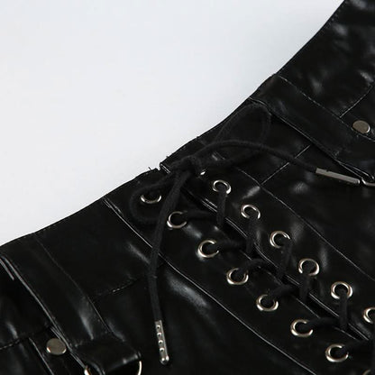 PU leather lace up short pant