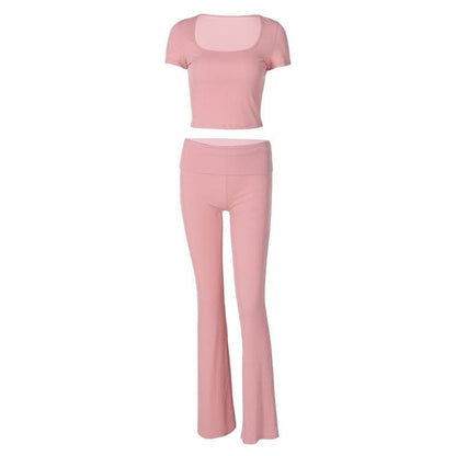 Short sleeve u neck ribbed solid pant set