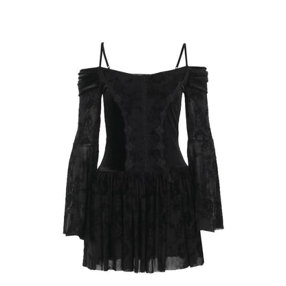 Off shoulder long flared sleeve velvet mini dress