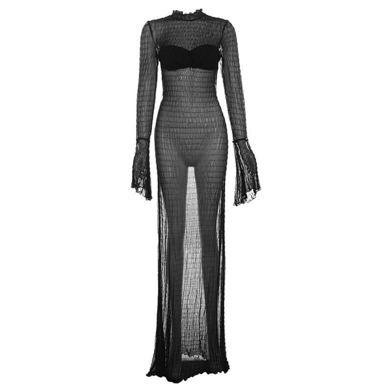 Long flared sleeve textured see through maxi dress-final-sale