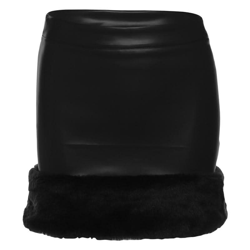 PU leather fluffy patchwork zip-up mini skirt