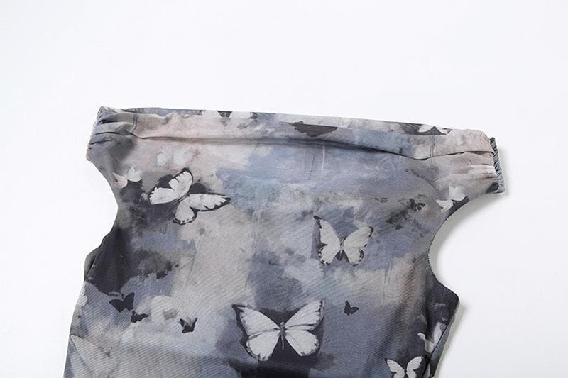 Off shoulder butterfly print ruched mini dress