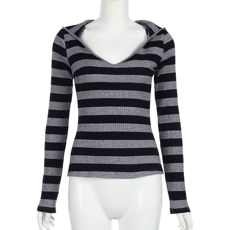 Hoodie v neck long sleeve striped knitted top