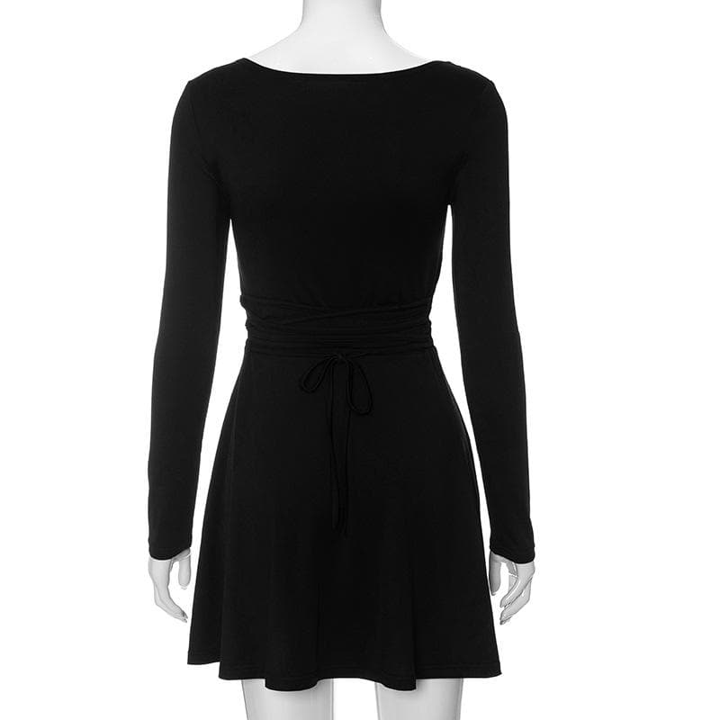 Square Neck Long Sleeve Lace Up Flared Skater Mini Dress
