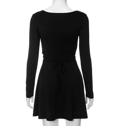 Square Neck Long Sleeve Lace Up Flared Skater Mini Dress