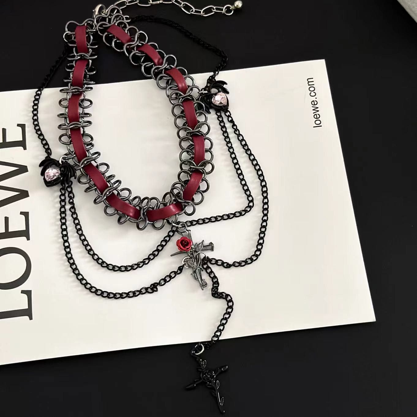 Rose cross PU leather layered choker necklace