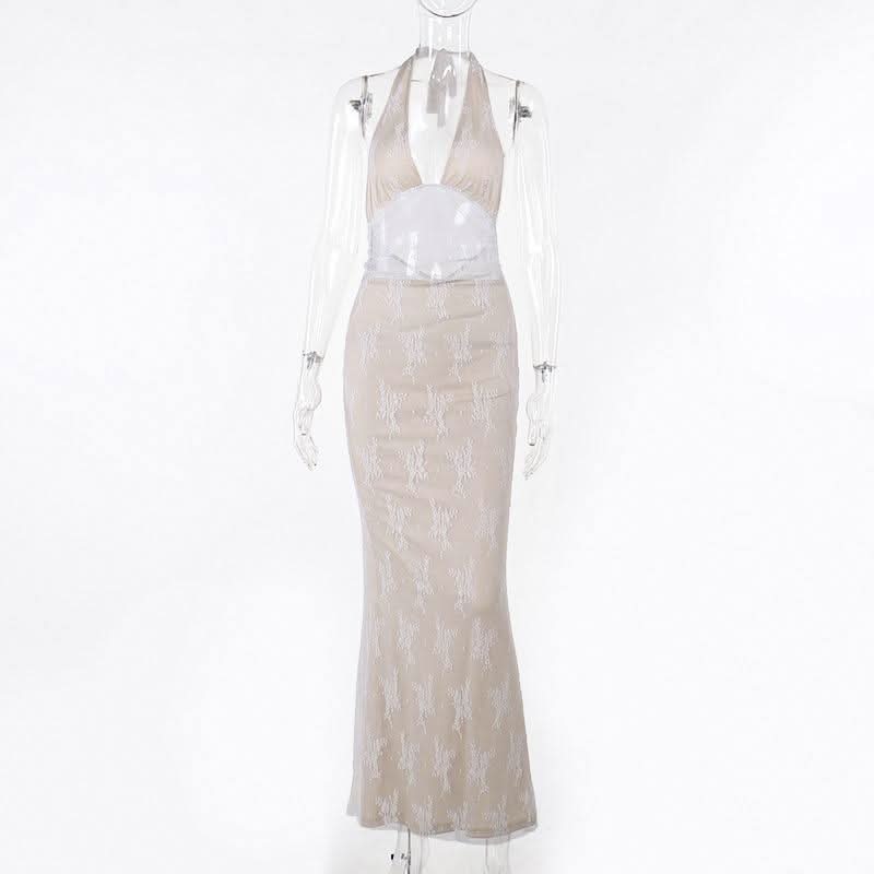 Halter v neck lace backless maxi dress