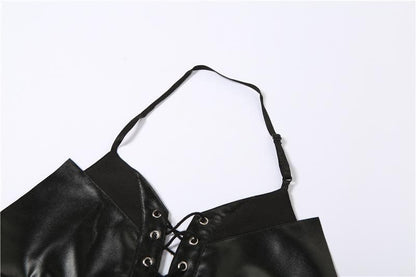 Solid PU leather hollow out halter lace up backless crop cut out top