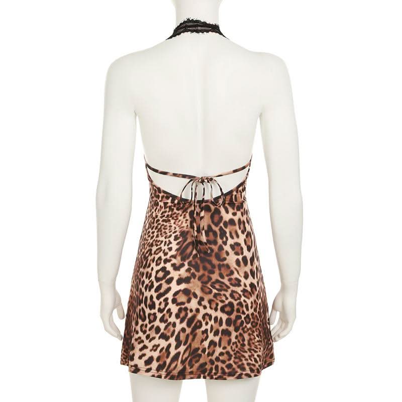 Halter leopard print backless lace mini dress