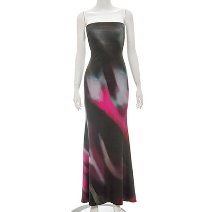 Print backless contrast tube maxi dress