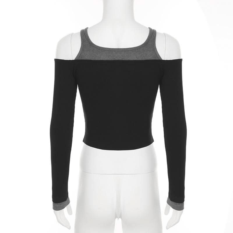 Off shoulder long sleeve contrast button top