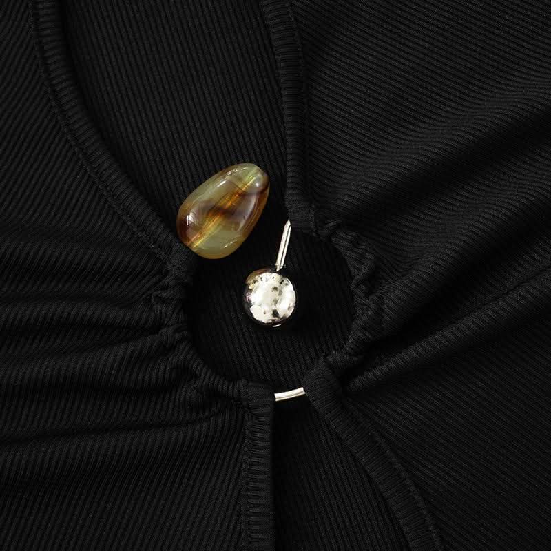 Long sleeve hollow out ribbed crewneck ruched cut out top