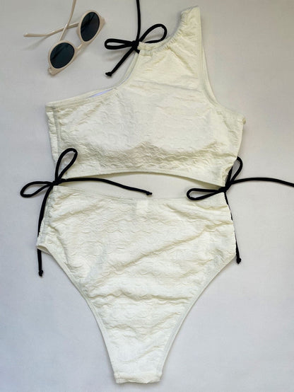 Textured contrast one shoulder self tie one piece swimwear
