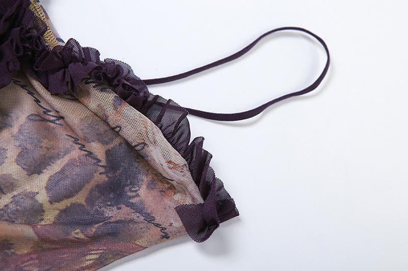 Sheer mesh hollow out ruched high slit cami cut out maxi dress