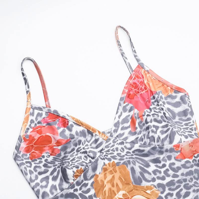 V neck leopard print slit backless maxi dress