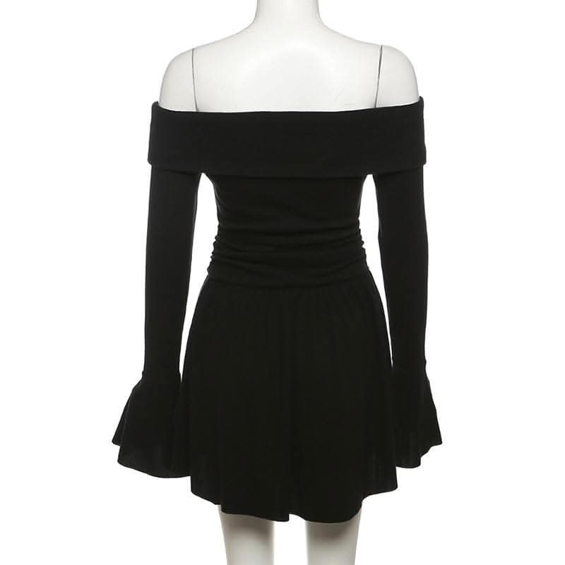 Flower applique off shoulder long flared sleeve slit mini dress-final-sale