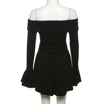 Flower applique off shoulder long flared sleeve slit mini dress-final-sale