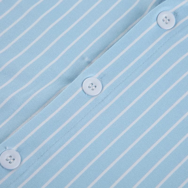 Turnover collar short sleeve striped print button top