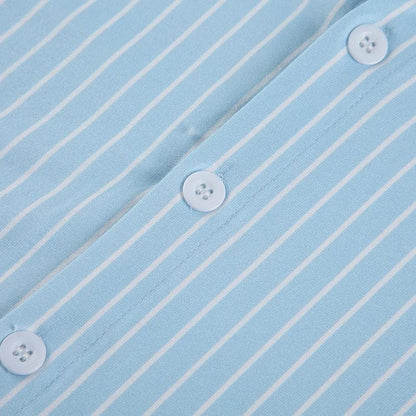 Turnover collar short sleeve striped print button top