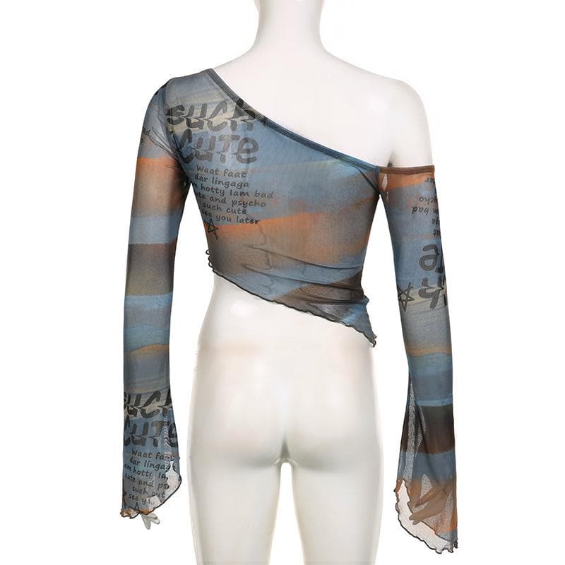 Sheer mesh see through off shoulder flared sleeve irregular contrast crop top