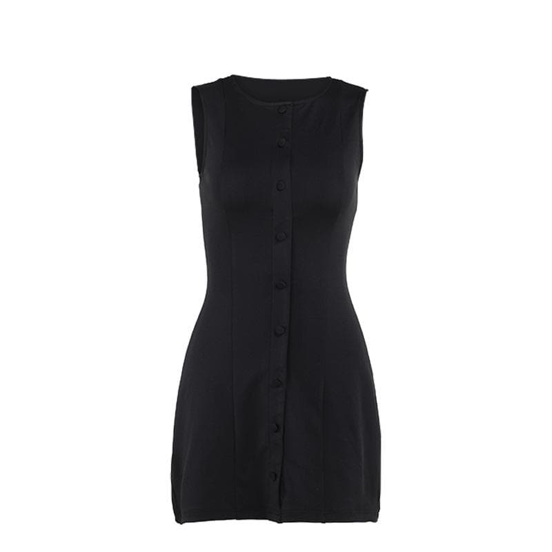 Button crewneck solid o ring tank mini dress