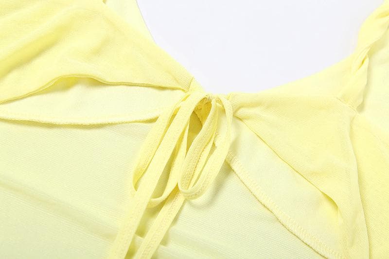 V neck ruffle mesh backless cami maxi skirt set