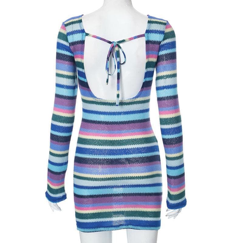 Boat Neck Long Sleeve Horizontal Stripe Knit Bodycon Mini Dress