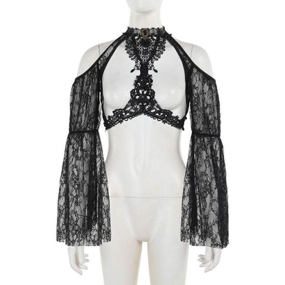 Long sleeve off shoulder lace hollow out shrug cut out top