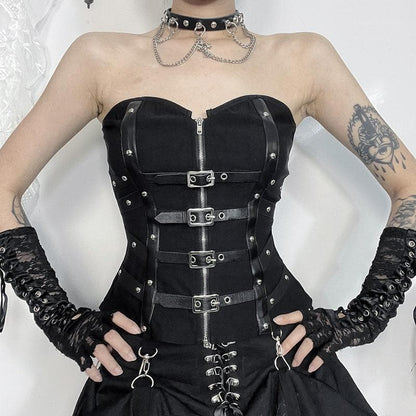 PU leather patchwork buckle zip-up tube top