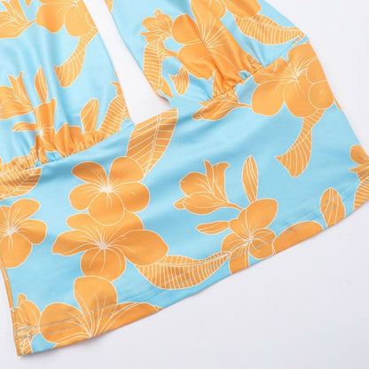 Self tie halter flower print backless contrast top