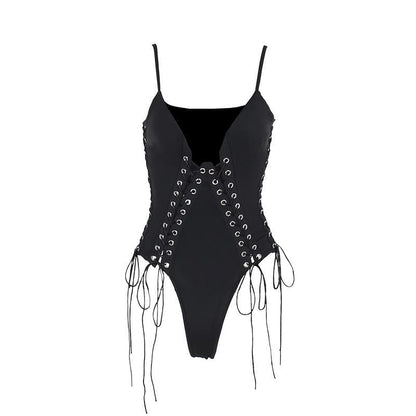 V neck lace up hollow out solid cami bodysuit